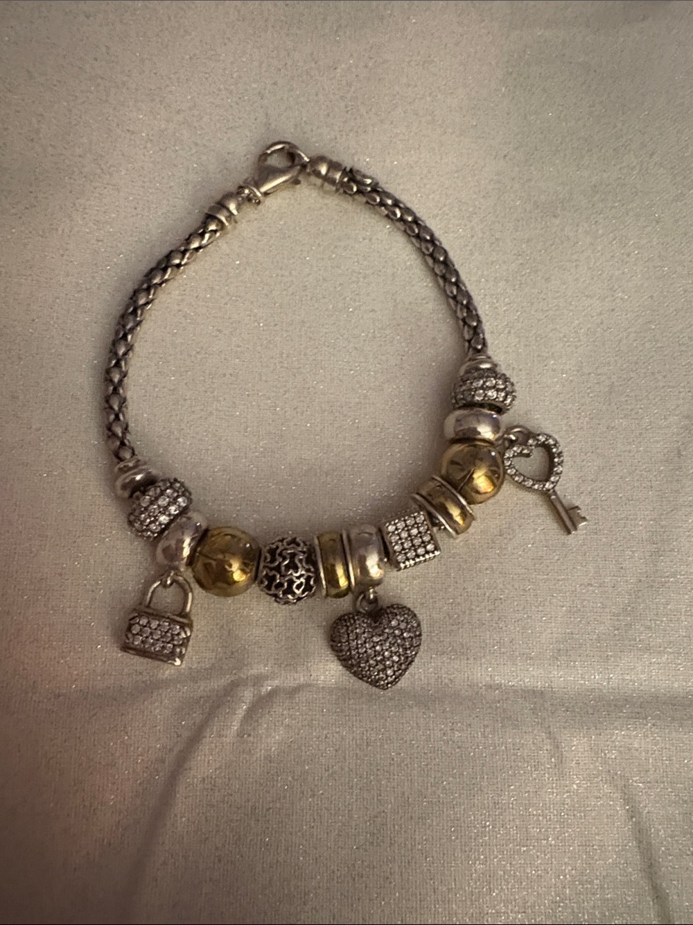 Gold & Silver Charm Bracelet with Heart, Key and Lock Charms 7.5”